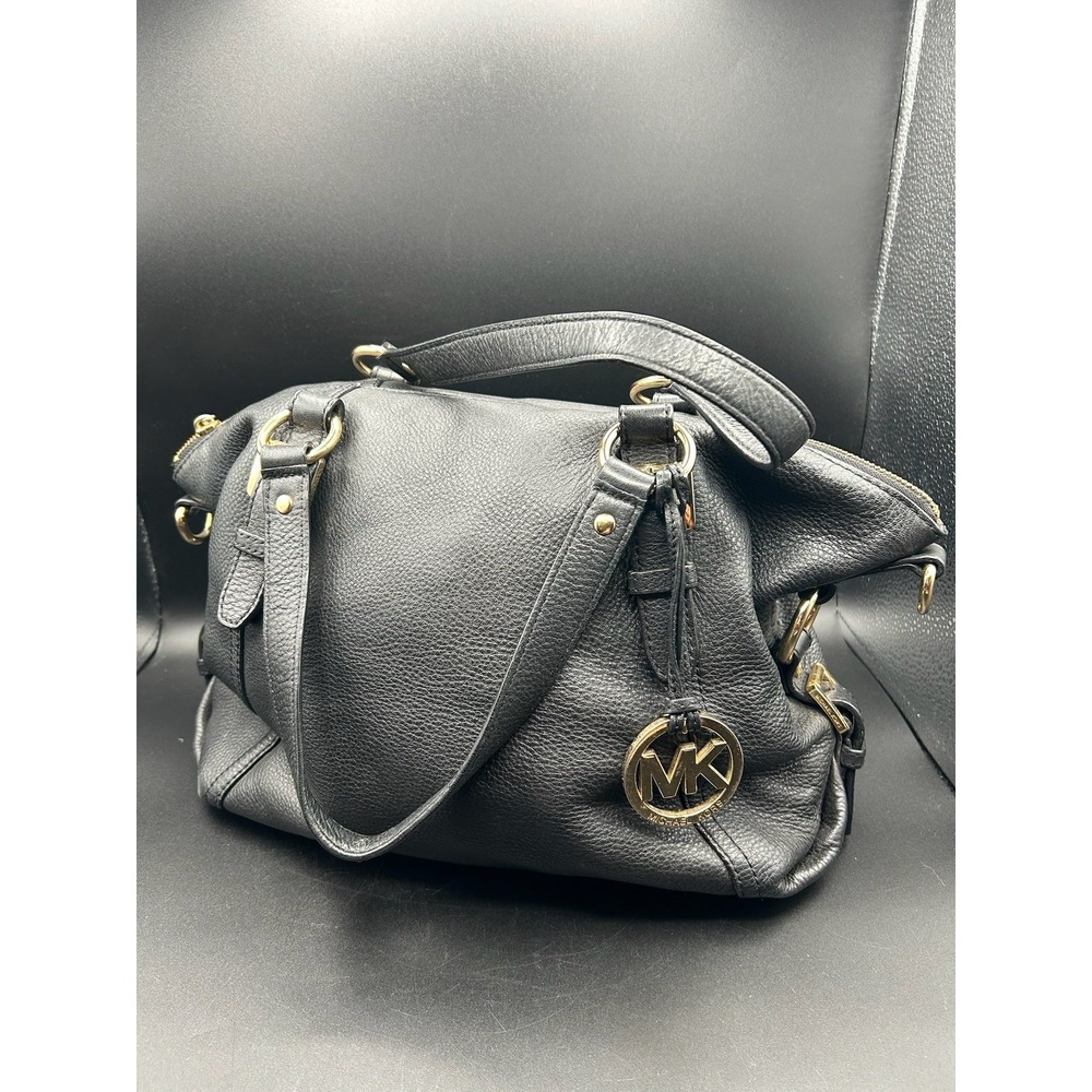 Michael Kors Bedford Bowling Medium Black Leather Satchel Bag Crossbody Strap